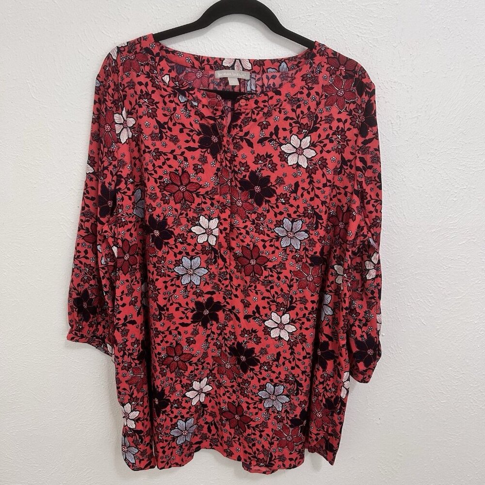 Woman Within Tunic Womens Plus 18/20 Coral Floral Blouse‎ 3/4 Sleeve Office Work